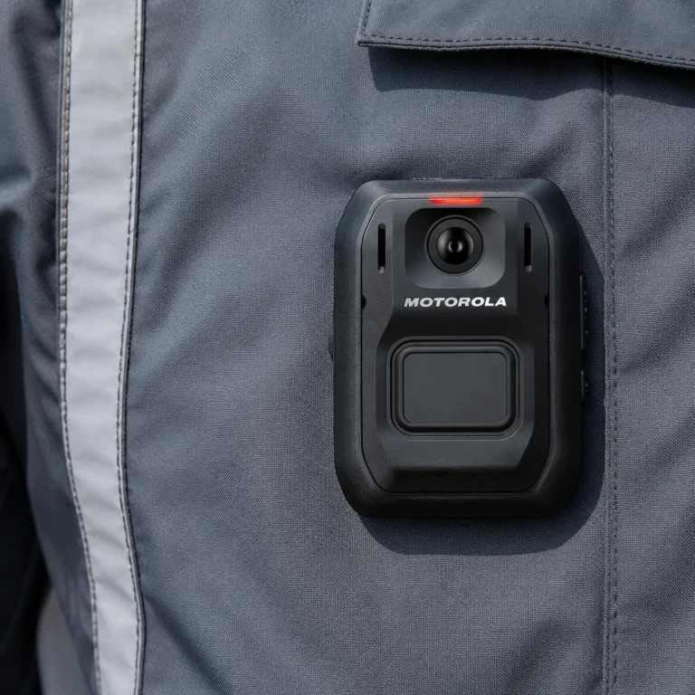 Motorola V500 body camera mounted on a grey uniform jacket with reflective trim, lens and recording indicator facing forward