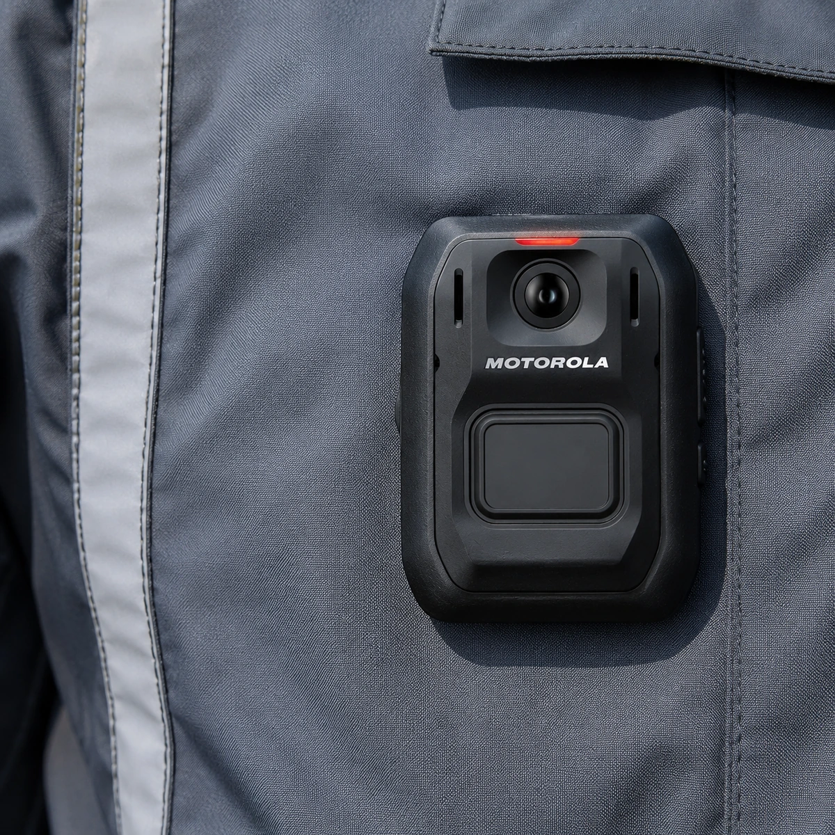 Motorola V500 body camera mounted on a grey uniform jacket with reflective trim, lens and recording indicator facing forward