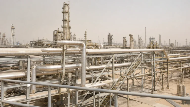 Process pipework and a distillation column at an oil and gas refinery