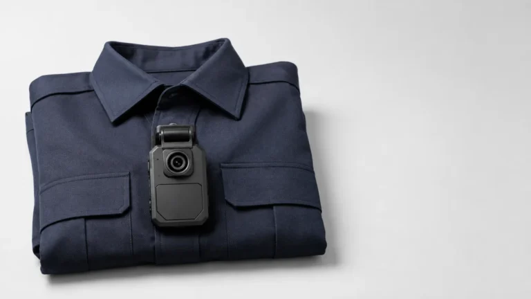 Body camera clipped to a folded navy police uniform shirt