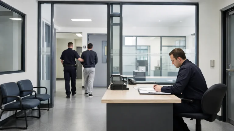 Officer at a custody booking desk while a detainee is escorted along the corridor behind