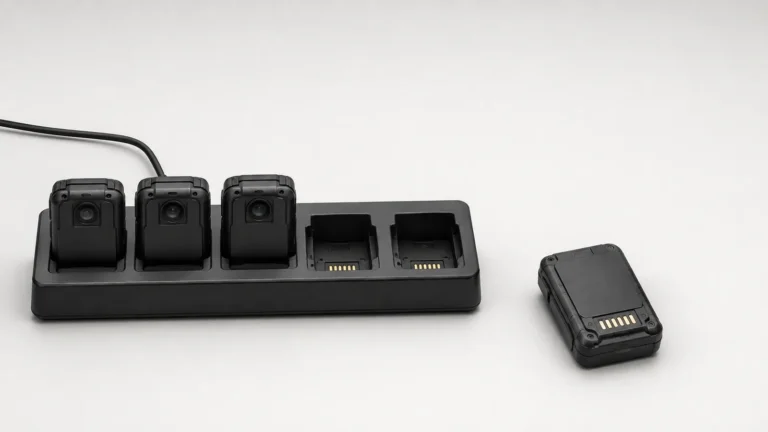 Body cameras seated in a charging dock with a spare battery beside it