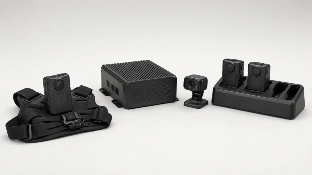 Body camera on a chest harness, an in-vehicle recorder, a compact camera and a multi-bay docking station side by side