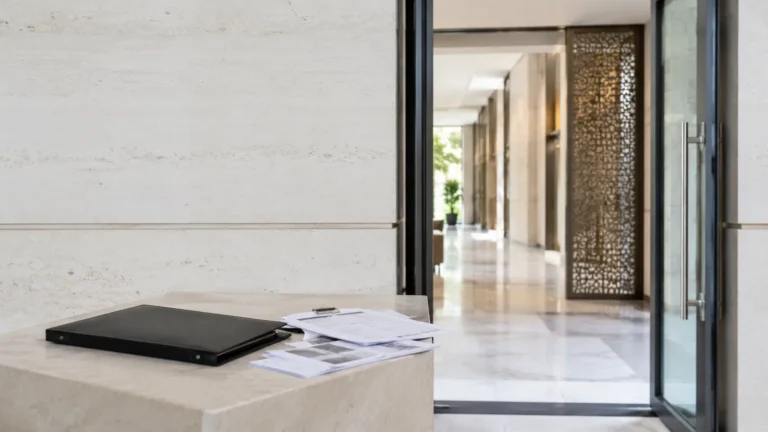 Case folder and statement papers on a ledge beside an open doorway