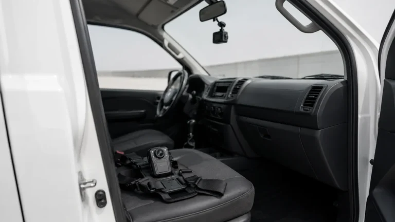 Body camera on a chest harness on the seat of a patrol vehicle, with a dash camera on the windscreen