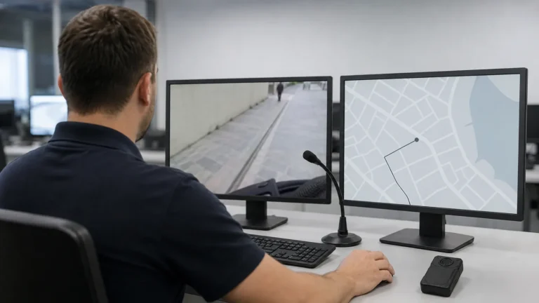 Control room operator watching a live body camera feed beside a map showing the officer position
