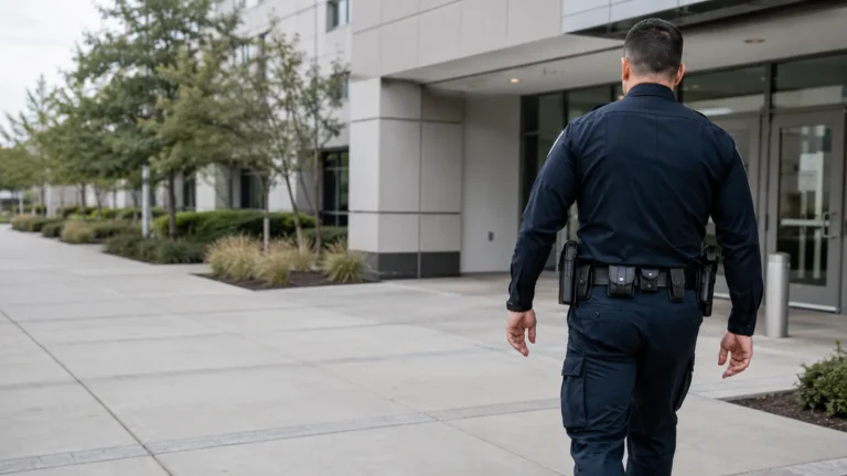 Police officer in uniform walking towards a building entrance on patrol