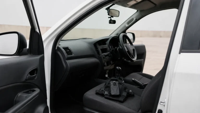 Body camera on a chest harness on the passenger seat of a police patrol vehicle, with a dash camera on the windscreen