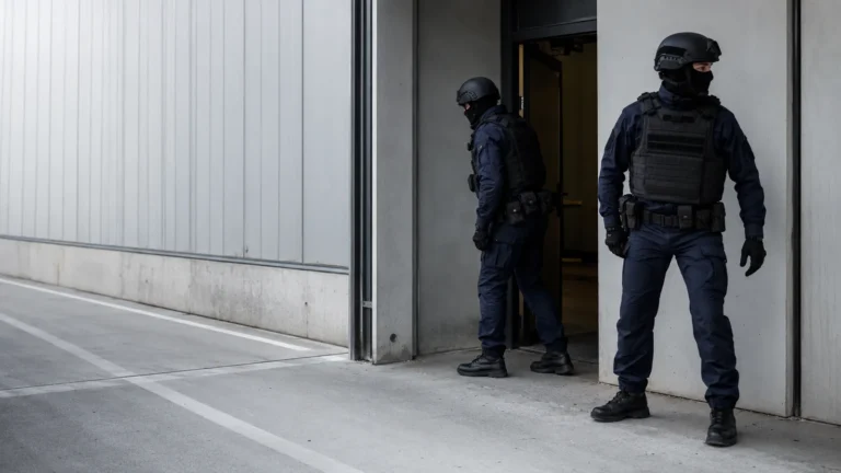 Two tactical officers in helmets and body armour positioned either side of a doorway