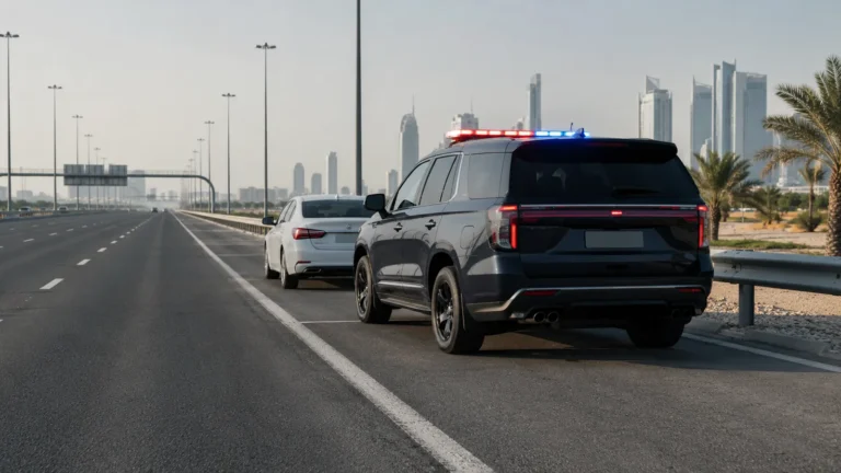 Marked police vehicle stopped behind a car on a highway shoulder