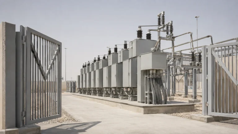 Outdoor electrical substation with transformers and switchgear behind a security gate