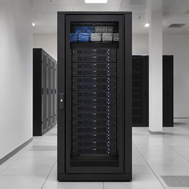 Black server rack cabinet of rack-mounted servers and patch cabling in a data centre aisle