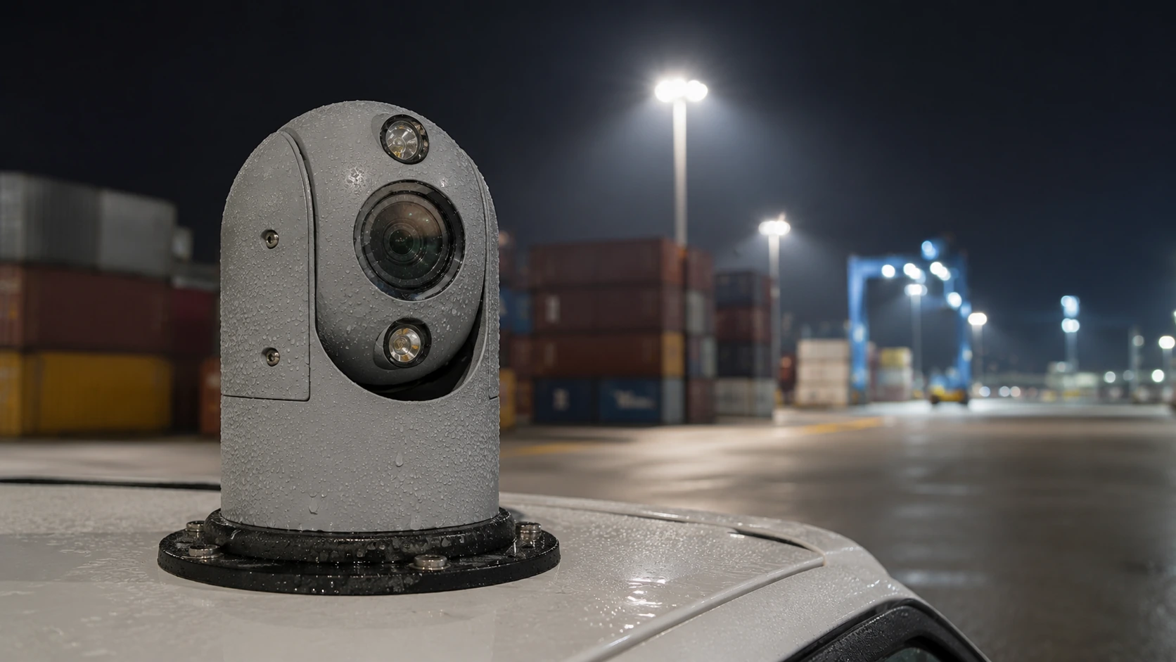Roof mounted pan tilt zoom camera at night in a container terminal, with stacked containers and quay lighting behind it