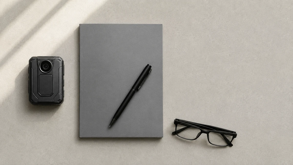 Body camera beside a notebook, pen and reading glasses on a desk