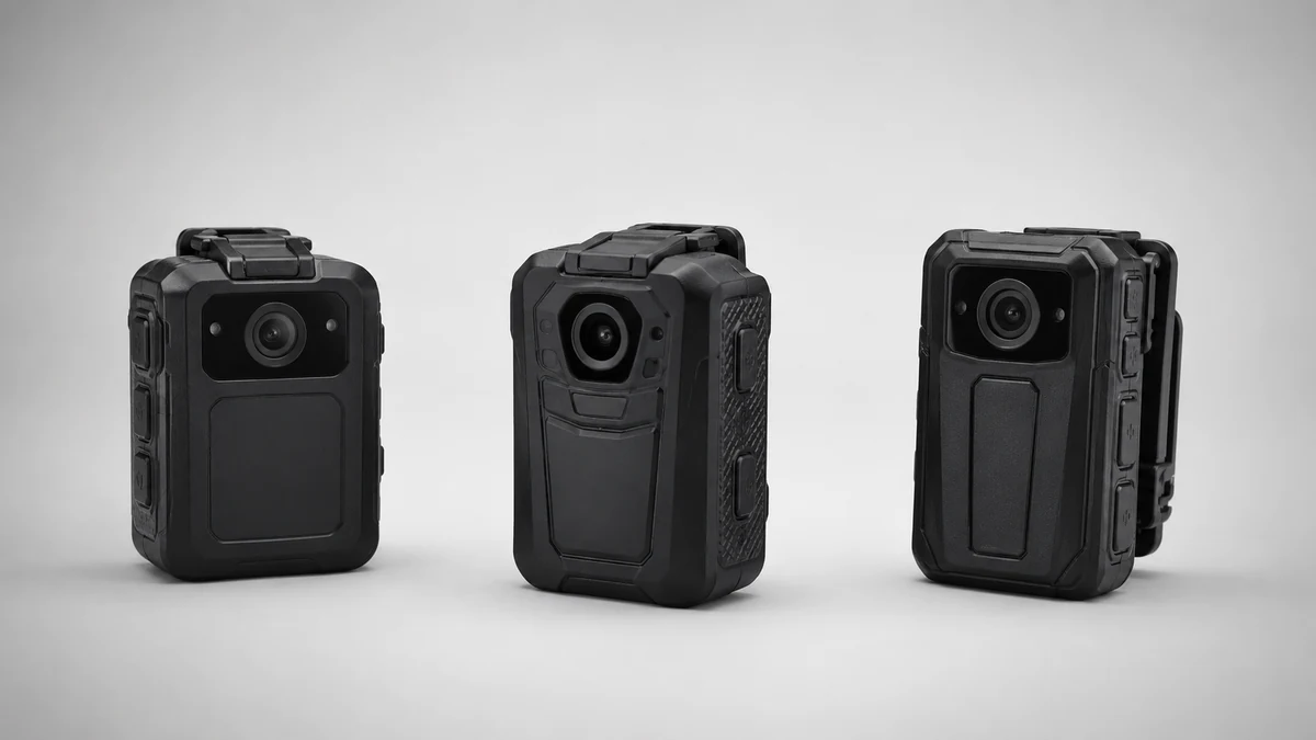 Three body camera models side by side in a studio