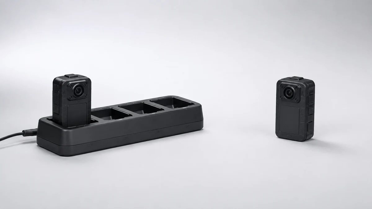 Body camera in a multi-bay docking station beside a second camera off the dock
