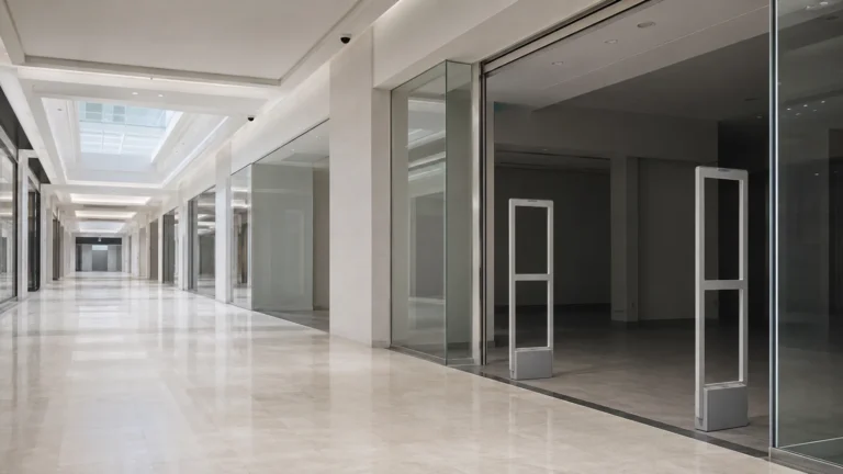 Anti-theft detection pedestals at a shop entrance on a shopping mall concourse