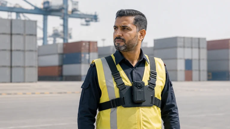 Inspection officer wearing a body camera on a chest harness over a hi-vis vest at a container port