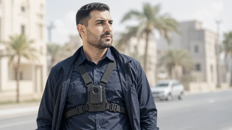 Officer wearing a body camera on a four-point chest harness over a shirt on a Dubai street