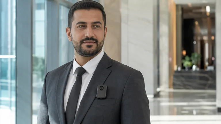 Security officer with a body camera on the lapel of a suit jacket in a hotel lobby