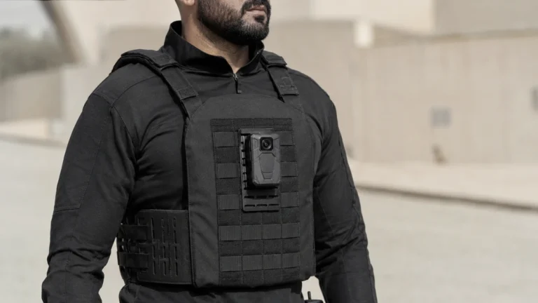 Body camera mounted on the MOLLE webbing of a tactical plate carrier