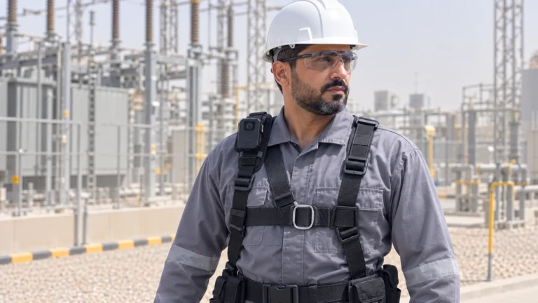 Utilities technician wearing a body camera on a harness over coveralls at a substation