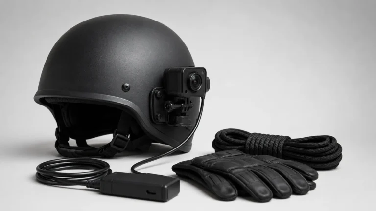 Rescue helmet with a camera head and tethered battery unit beside a rope coil and gloves