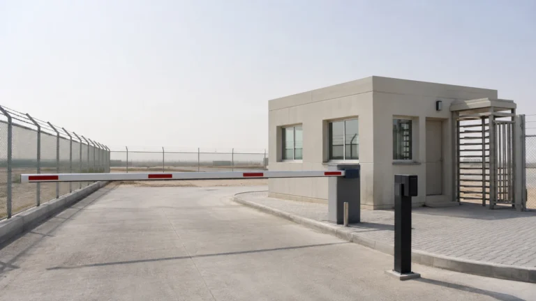 Gatehouse with a boom barrier and turnstile at a site contractor access point
