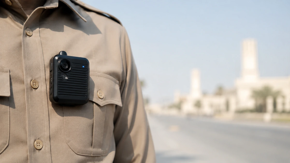 Body-worn camera clipped to a uniformed officer's chest pocket on a UAE street