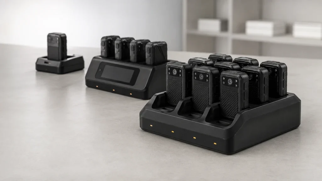 Three body camera docking stations on a desk: a single bay unit, a screen equipped unit for review at the dock, and a multi bay unit with cameras charging