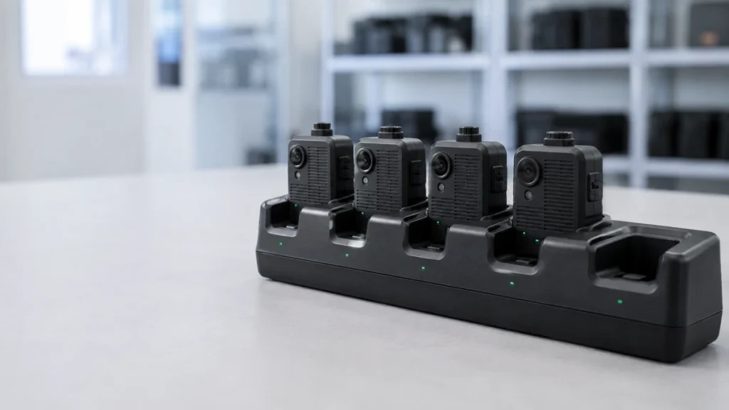 Four body cameras charging and offloading in a multi-bay docking station
