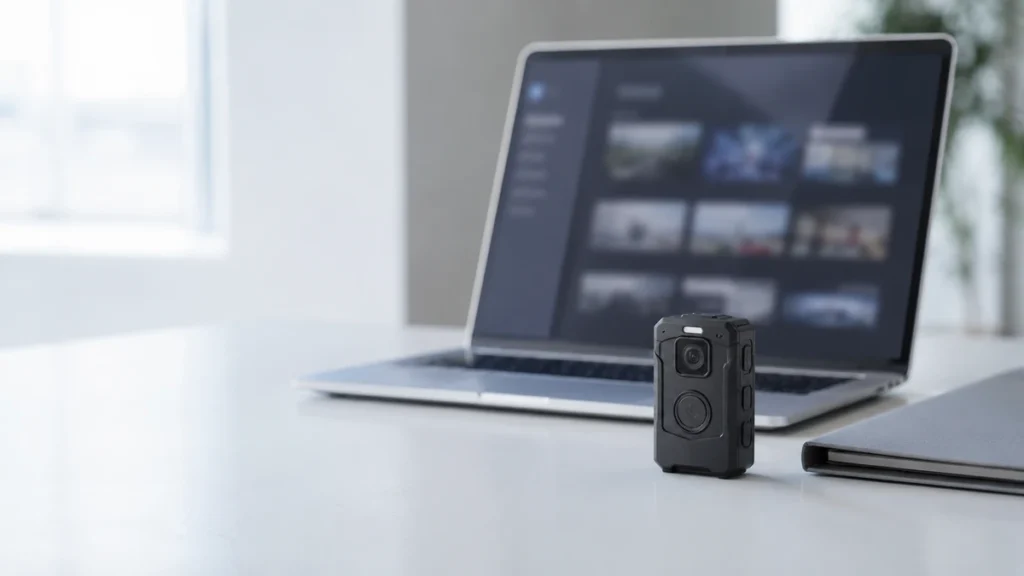 Body camera on a desk beside a laptop showing catalogued evidence footage