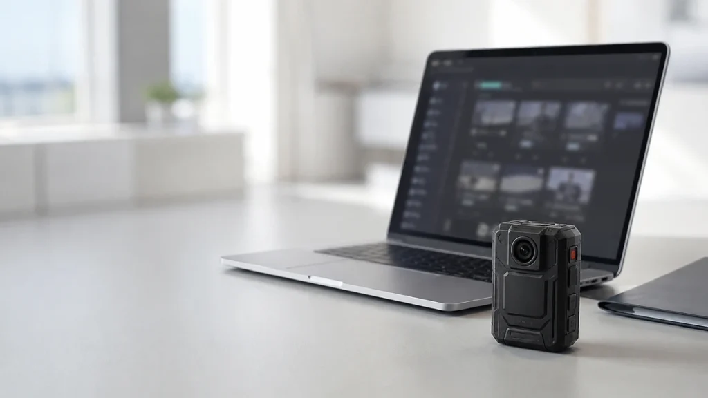 Body worn camera on a desk beside a laptop showing a digital evidence management library of recorded clips