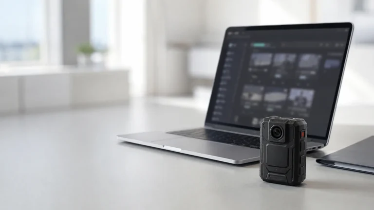Body worn camera on a desk beside a laptop showing a digital evidence management library of recorded clips