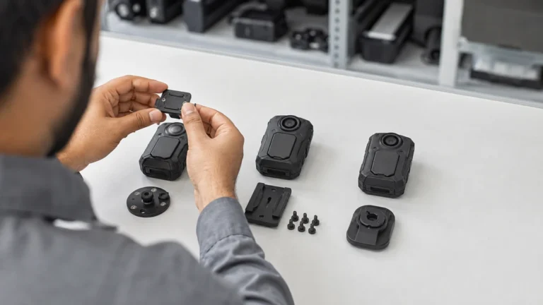 Specifier holding a mount plate over an array of body cameras, mounts and fixing screws