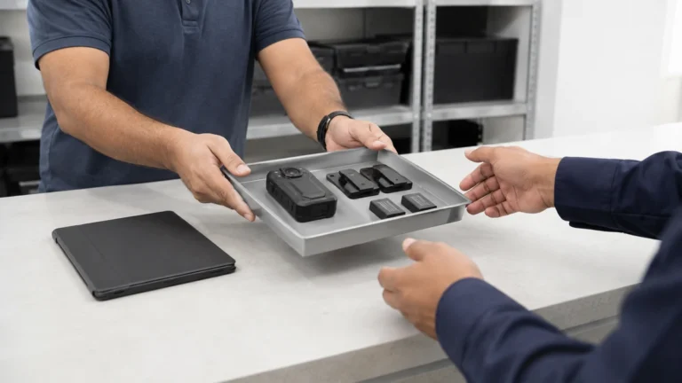 A tray of body cameras handed across a counter at issue and handover