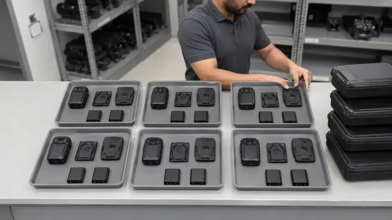 Body cameras counted out in trays on a bench beside stacked transport cases