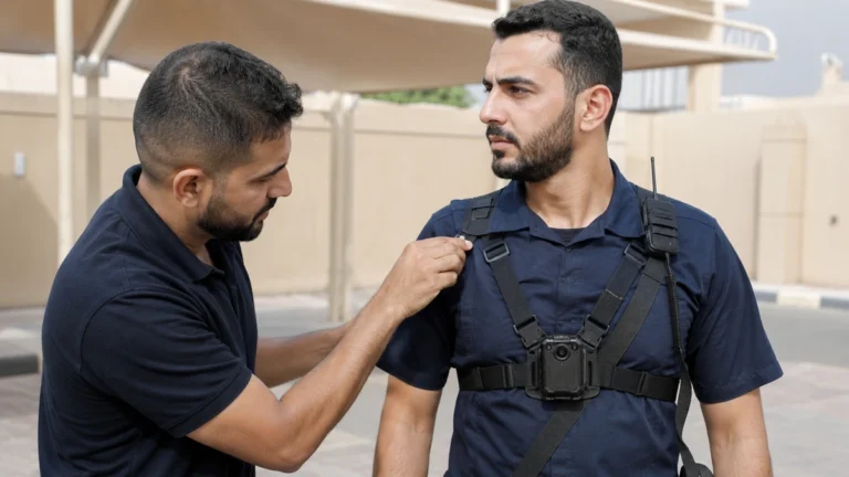 Fitting a body camera chest harness to an officer during a trial fit