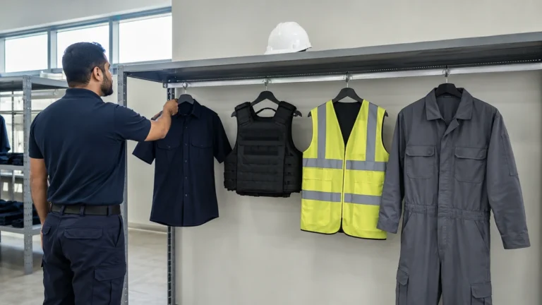 Uniforms on a rail for a body camera survey: shirt, plate carrier, hi-vis vest and coveralls