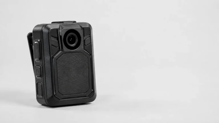 A body camera on a plain studio background