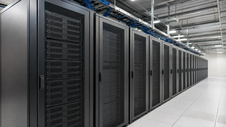An aisle of server cabinets in a data centre