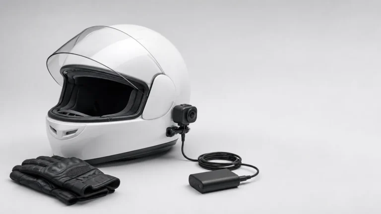 White full-face motorcycle helmet with a camera mounted on the side, a tethered battery pack and riding gloves