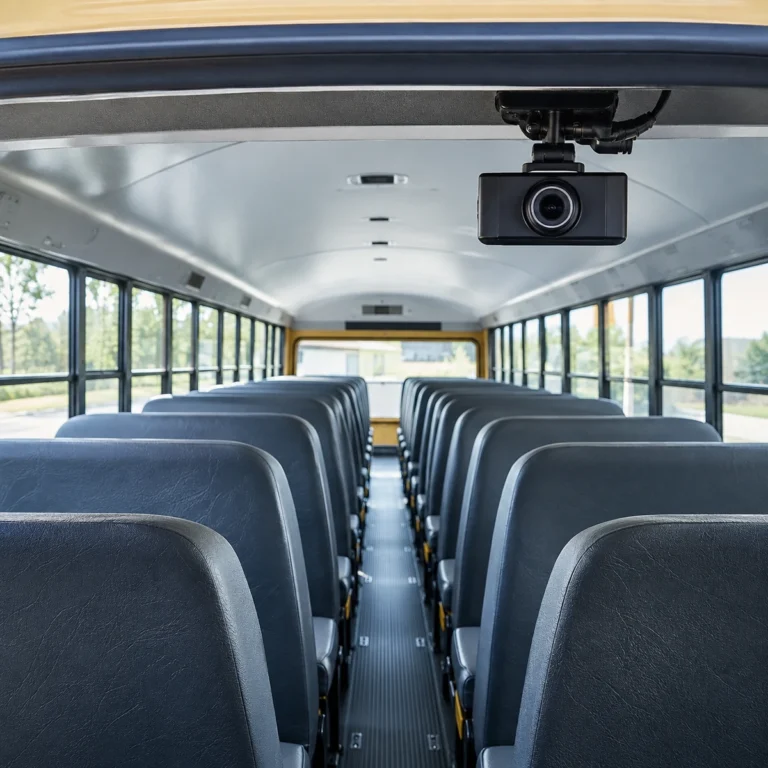 Dash camera mounted inside a school bus above the aisle