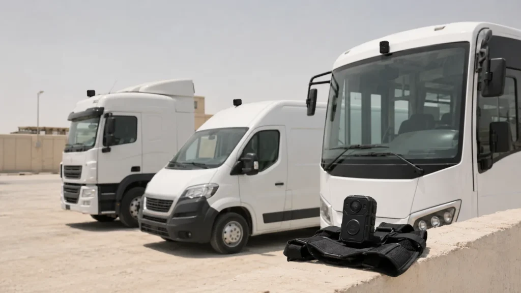 A truck, a van and a bus parked in a yard with a body camera and chest harness on a wall in front of them