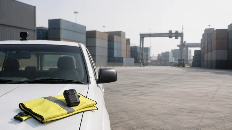 Body camera on a hi-vis vest on a vehicle bonnet at a container terminal