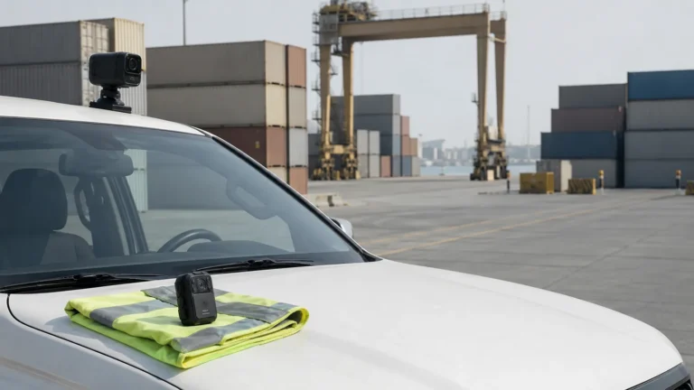 Vehicle camera mounted on a fleet vehicle at a container port