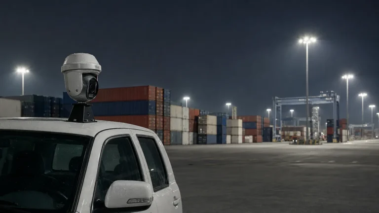 Pan tilt zoom camera on a vehicle roof at a container terminal at night, with stacked containers and a gantry crane behind