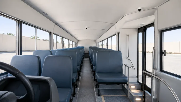 Interior of a school transport bus looking down the aisle, with a dome camera on the ceiling and the door open