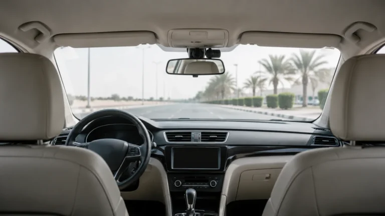 View from the rear seat of a car through the windscreen, with a dash camera mounted beside the mirror