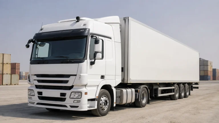 White truck tractor unit coupled to a box trailer in a container yard